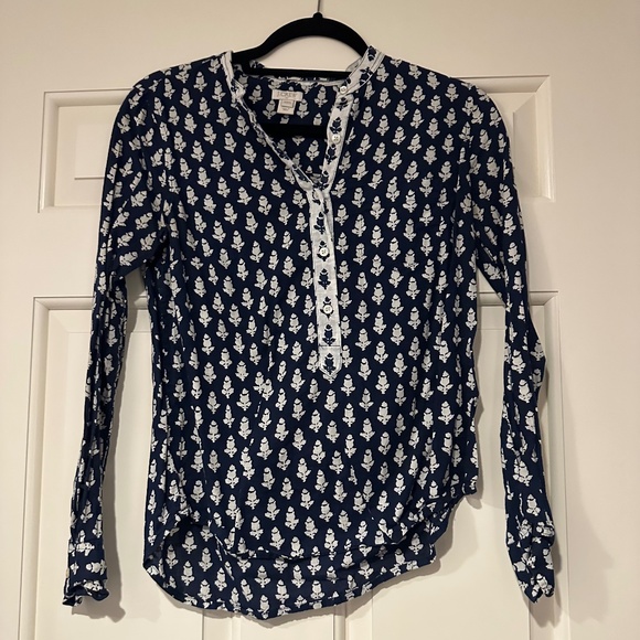 J. Crew Navy and White Cotton Long-Sleeve Button Up Blouse (Size xxs) - Picture 3 of 6
